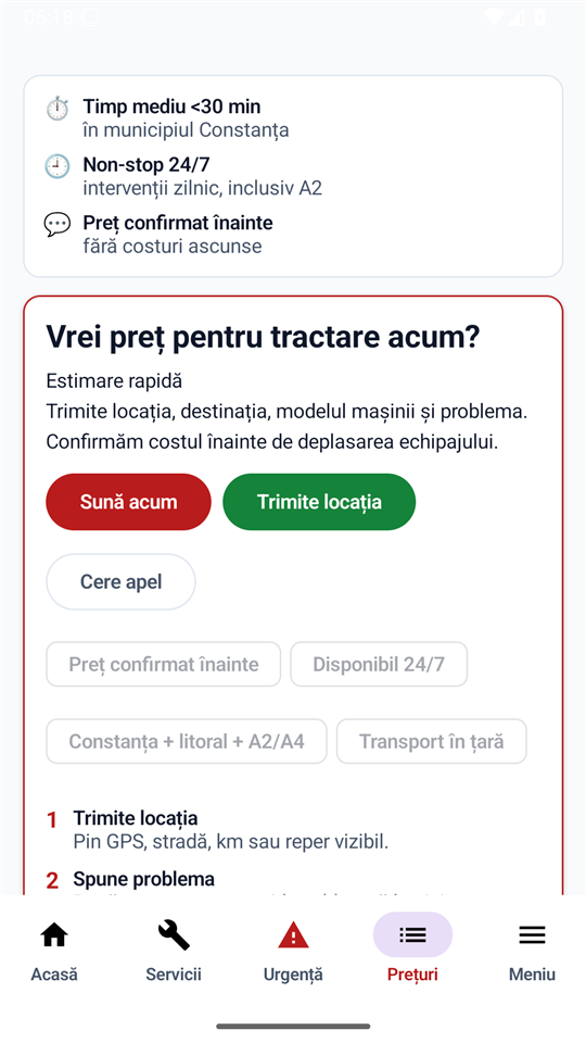 Ecranul cu prețuri orientative de tractare, disponibile și offline