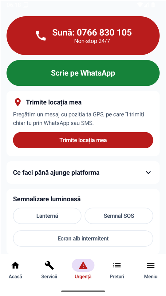 Ecranul SOS cu buton de apel și trimitere locație GPS